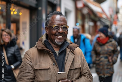 An older man dressed in a warm jacket smiles broadly as he stands on a lively city street. Nearby, people walk past him, showcasing the vibrant atmosphere of the winter season