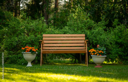 A brown wooden bench for the garden and cottage.Garden furniture with your own hands. photo