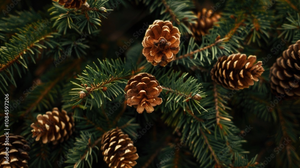 A cluster of pine cones attached to a tree branch, surrounded by foliage A cluster of pine cones attached to a tree branch, surrounded by foliage