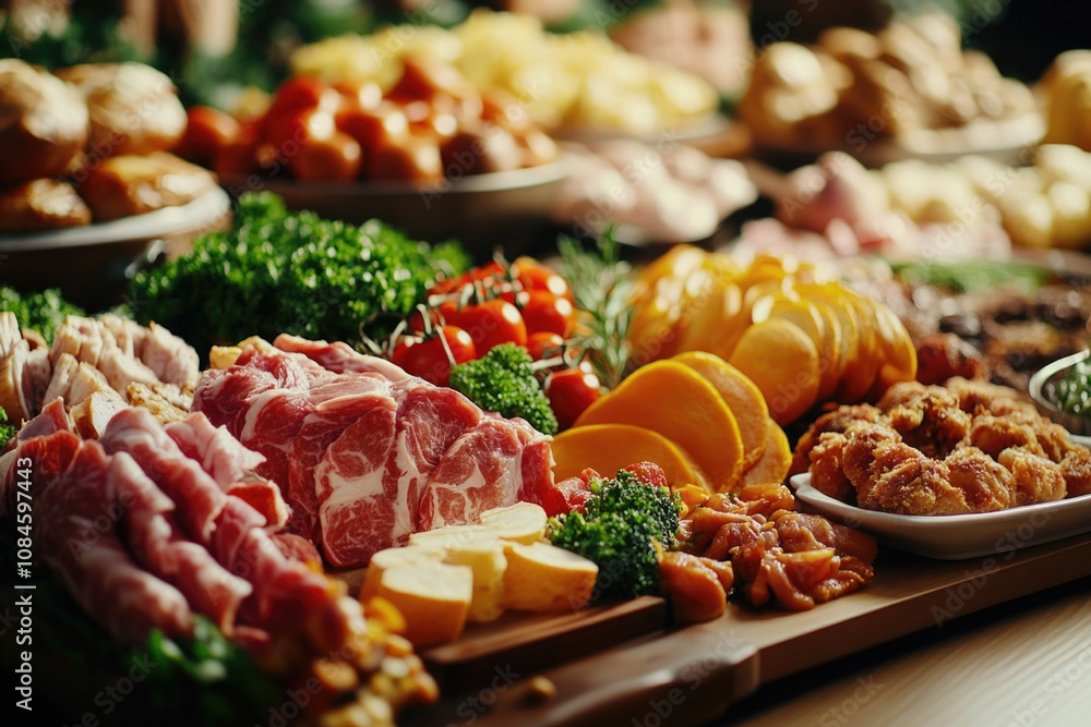 A variety of fresh meats and vegetables arranged on a clean cutting board, ready for preparation A variety of fresh meats and vegetables arranged on a clean cutting board, ready for preparation