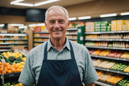 Close portrait of a smiling senior Australian male grocer standing and looking at the camera, Australian grocery store blurred background