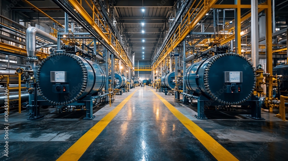 Obraz premium Industrial plant interior with machinery and piping.