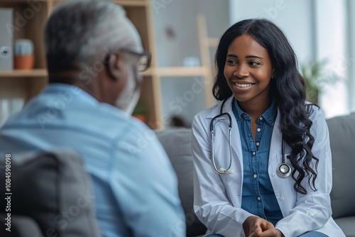 A young female doctor engages in a friendly conversation with an elderly male patient inside a cozy clinic. They appear to share a moment of understanding and care during the consultation