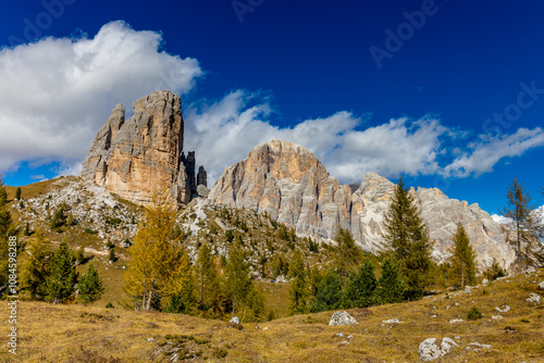 Cinque Torri mountain tower in the Dolomites group of distinctive rock towers offering dramatic alpine landscapes. Unique rock formations, rugged peaks, and scenic view photo