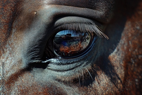 A close-up shot of a brown horse's eye with details on the iris and pupil photo