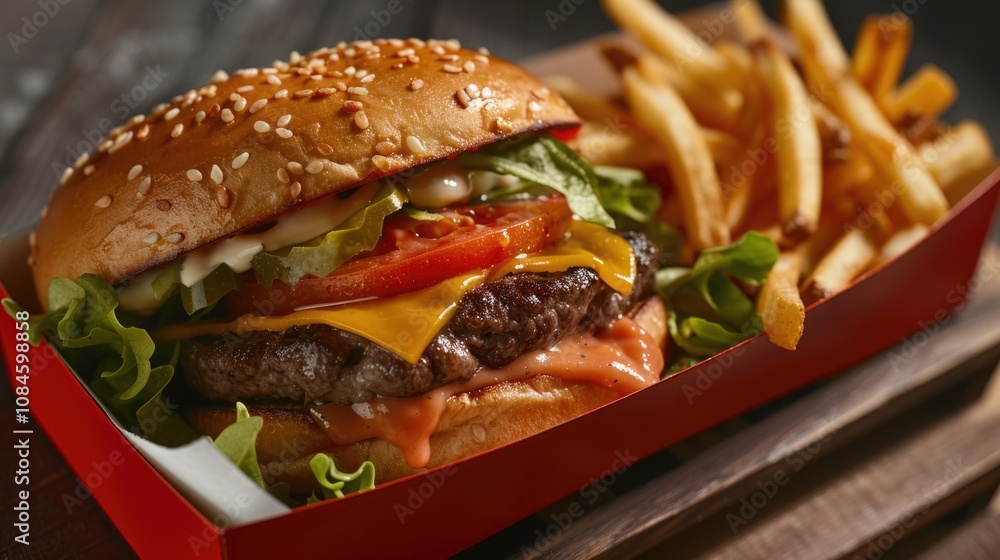 A simple meal of cheeseburger and French fries served in a bright red box A simple meal of cheeseburger and French fries served in a bright red box