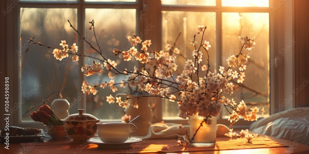 A vase of flowers sits next to a window, perfect for use in home decor or design projects A vase of flowers sits next to a window, perfect for use in home decor or design projects
