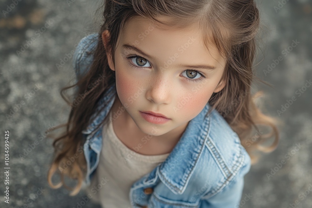 A young girl wearing a denim jacket looks directly at the camera A young girl wearing a denim jacket looks directly at the camera