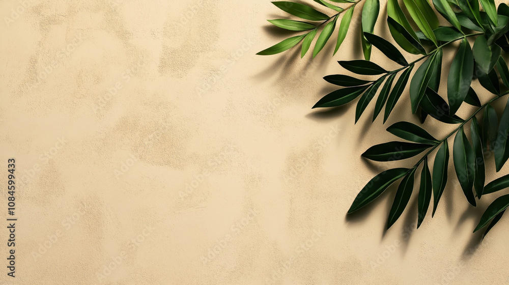 Green tropical palm leaves casting shadows on a textured beige background with copy space Green tropical palm leaves casting shadows on a textured beige background with copy space