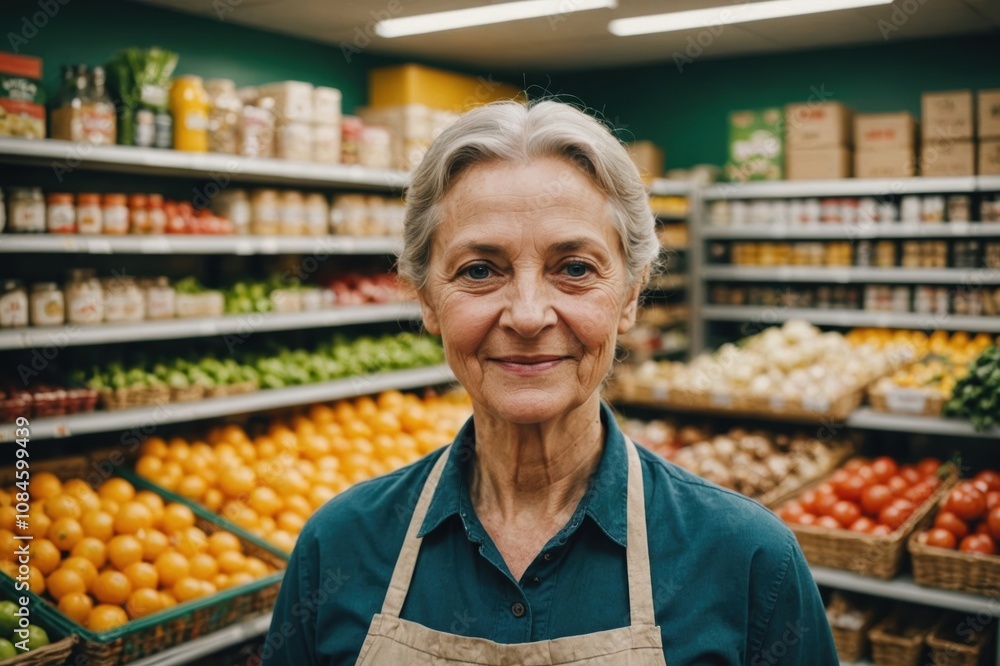 Close portrait of a smiling senior Belarusian female grocer standing and looking at the camera, Belarusian grocery store blurred background Close portrait of a smiling senior Belarusian female grocer standing and looking at the camera, Belarusian grocery store blurred background