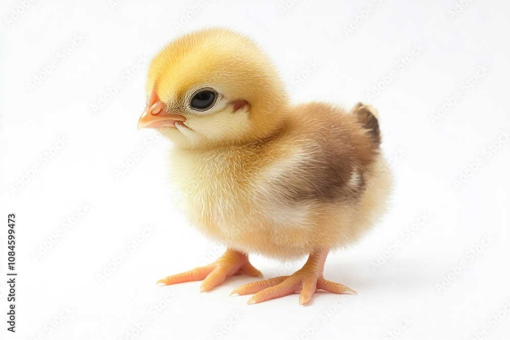 A small chicken stands on a white surface, looking around A small chicken stands on a white surface, looking around