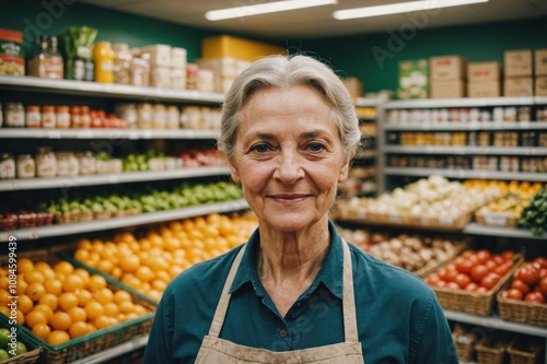 Close portrait of a smiling senior Belarusian female grocer standing and looking at the camera, Belarusian grocery store blurred background