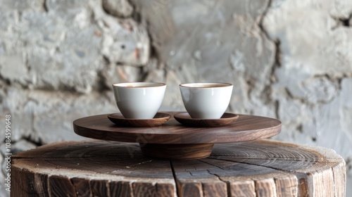 Salver with cups of coffee, standing on handmade, wood, small table photo