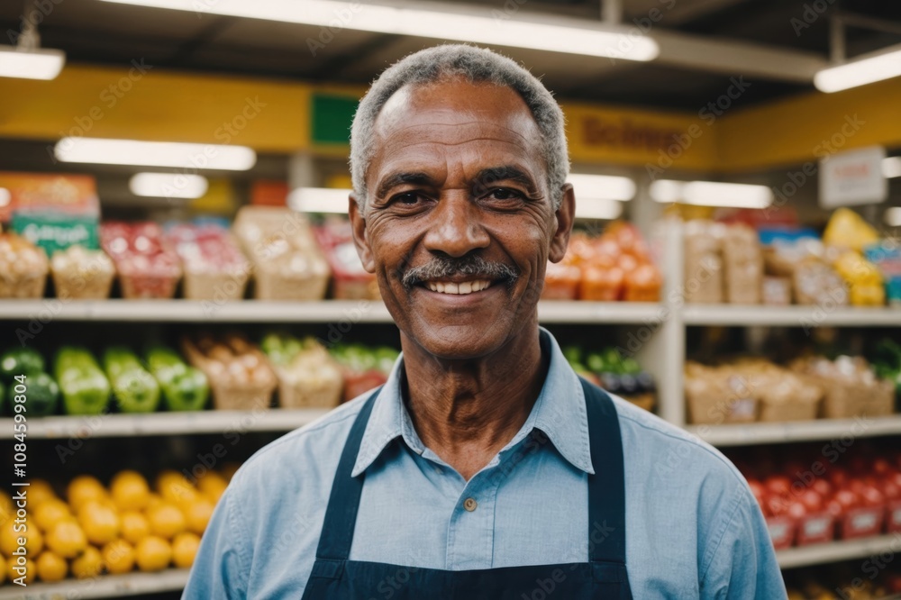 Close portrait of a smiling senior Belizean male grocer standing and looking at the camera, Belizean grocery store blurred background Close portrait of a smiling senior Belizean male grocer standing and looking at the camera, Belizean grocery store blurred background