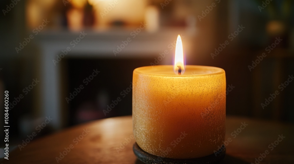 A lit candle placed on a wooden table, great for indoor or outdoor use A lit candle placed on a wooden table, great for indoor or outdoor use
