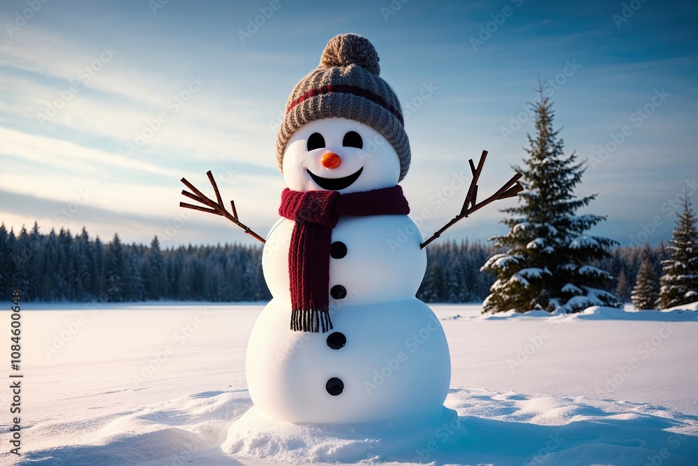 Obraz premium Cheerful Snowman in a Serene Winter Landscape with Woolly Hat