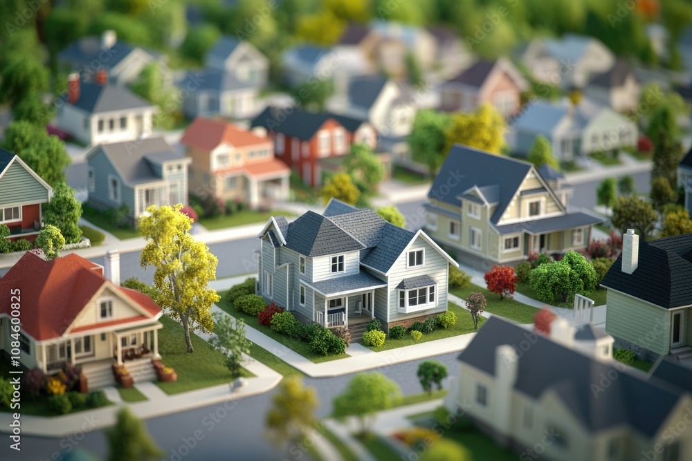 A typical suburban neighborhood with many houses and trees A typical suburban neighborhood with many houses and trees