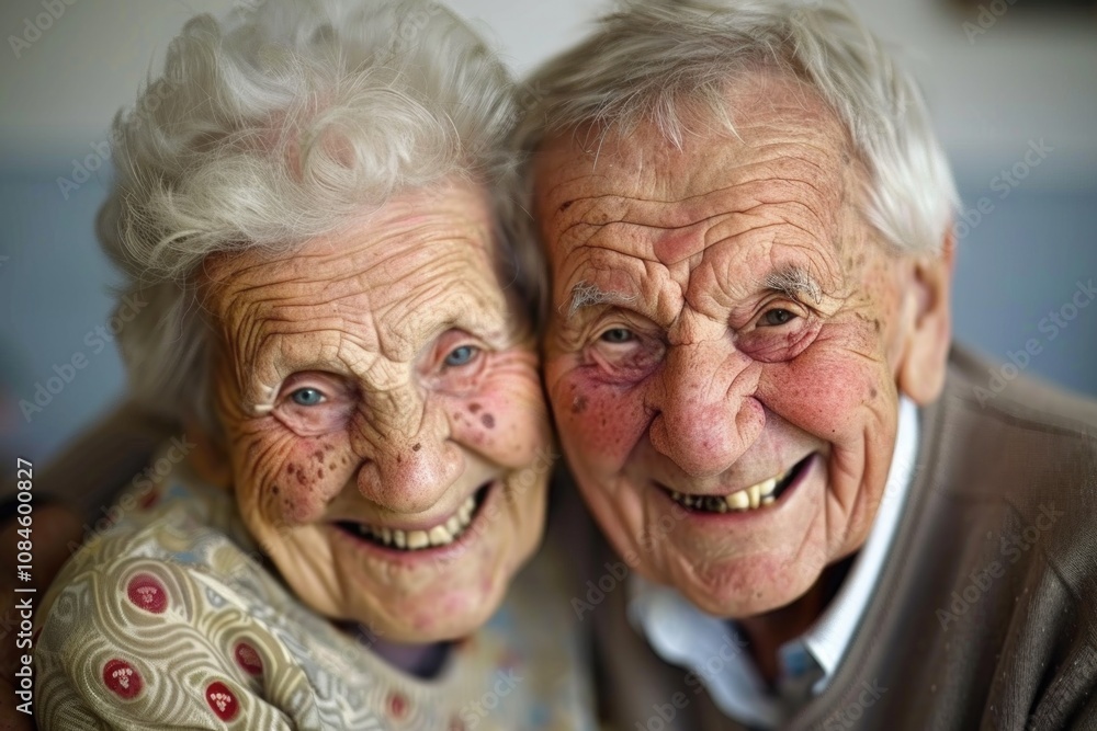 A smiling older man and a younger woman pose together, looking directly at the camera A smiling older man and a younger woman pose together, looking directly at the camera