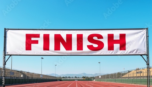 Finish line banner over outdoor running track under clear sky