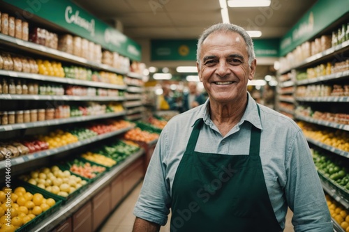 Close portrait of a smiling senior Brazilian male grocer standing and looking at the camera, Brazilian grocery store blurred background