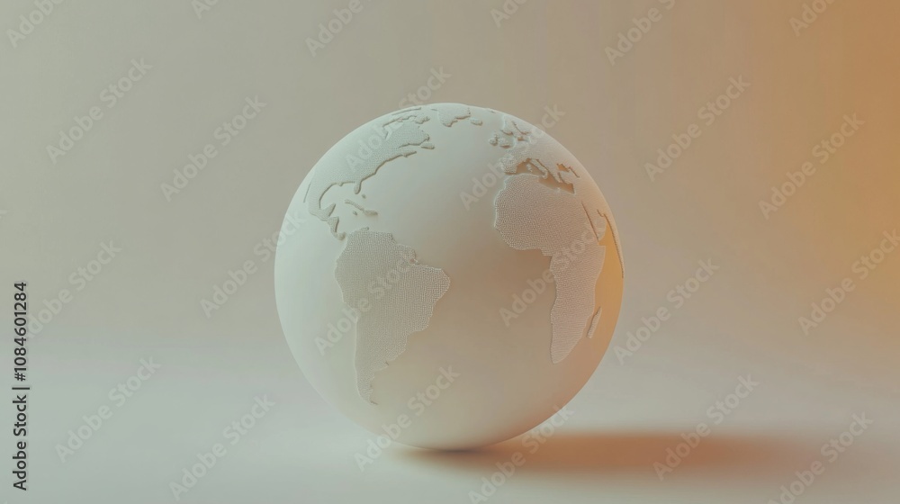 A white globe with the continents embossed on its surface, against a soft beige background. A white globe with the continents embossed on its surface, against a soft beige background.