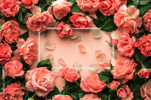 A decorative frame surrounded by pink roses on a pink background, perfect for personalizing or gifting