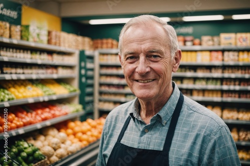 Close portrait of a smiling senior British male grocer standing and looking at the camera, British grocery store blurred background