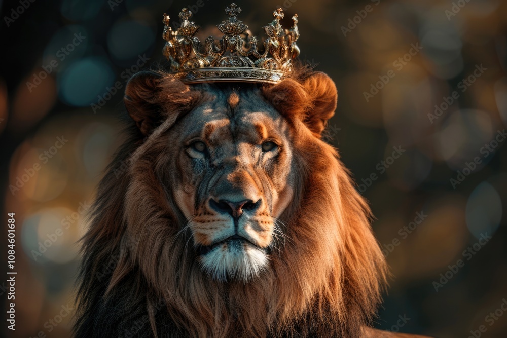 Fototapeta premium A majestic lion wearing a regal crown, perfect for royalty or medieval-themed projects