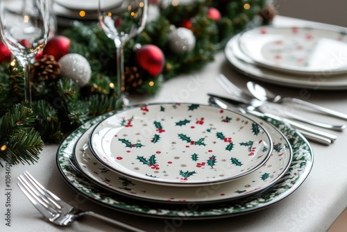 A table set for Christmas dinner with plates and silverware, perfect for holiday gatherings photo