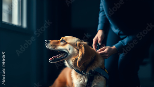 A devoted service dog assisting its owner with everyday tasks, providing invaluable support and companionship. Concept of independence and assistance. . photo