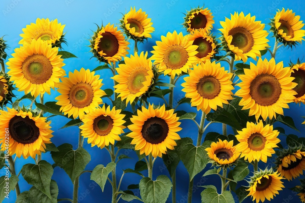 Cheerful Bright Sunflowers on a Vibrant Azure Canvas Cheerful Bright Sunflowers on a Vibrant Azure Canvas