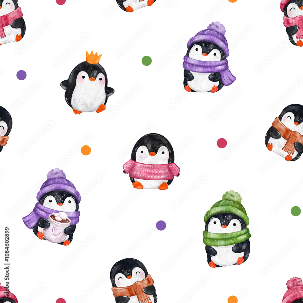 watercolor seamless pattern of penguin and dots watercolor seamless pattern of penguin and dots