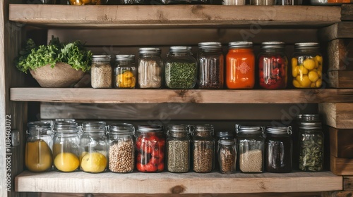 Beautifully organized shelves in a modern rustic inspired kitchen displaying a variety of jars containers herbs spices and fresh produce - photo