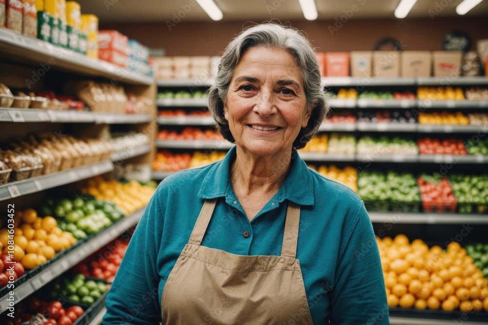 Fototapeta premium Close portrait of a smiling senior Chilean female grocer standing and looking at the camera, Chilean grocery store blurred background