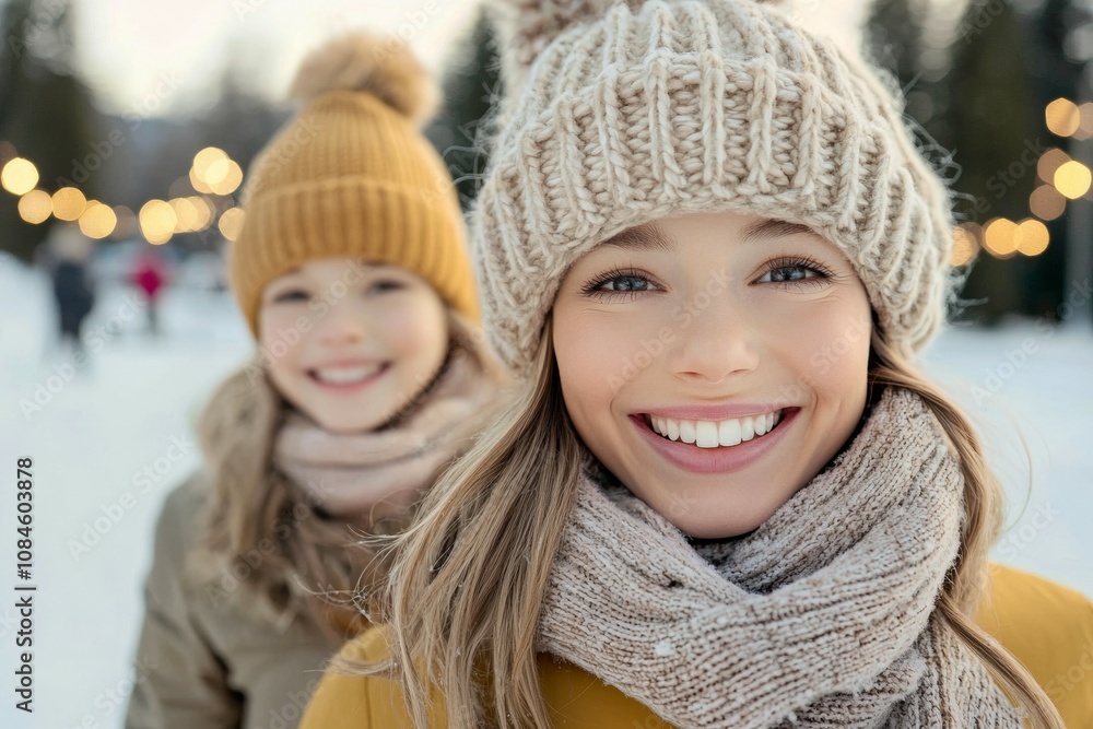 Two women wearing hats and scarves are smiling for the camera Two women wearing hats and scarves are smiling for the camera