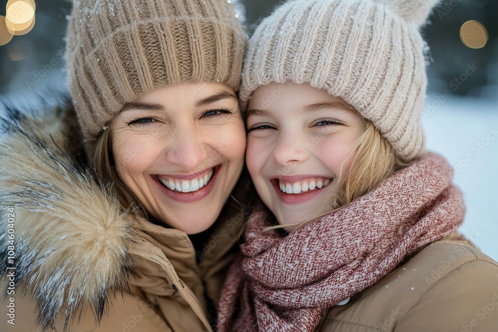 Two women wearing hats and scarves are smiling at the camera Two women wearing hats and scarves are smiling at the camera