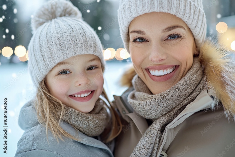 A woman and a child are smiling and wearing winter hats and scarves A woman and a child are smiling and wearing winter hats and scarves