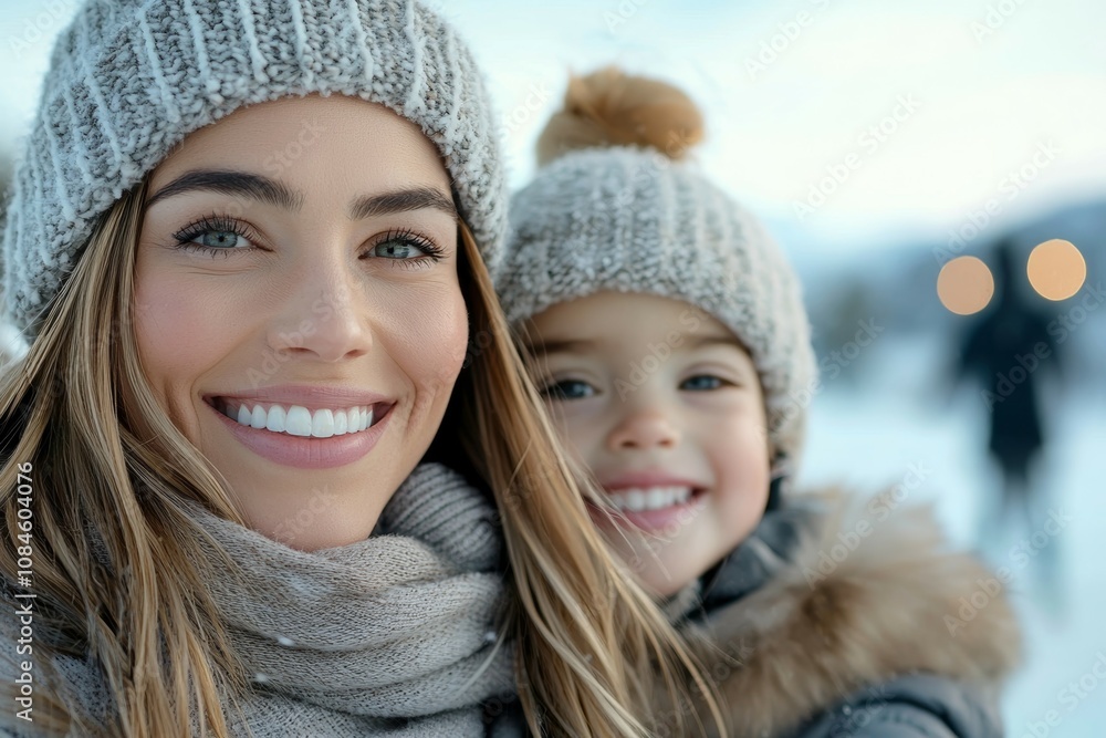A woman and her child are smiling and wearing winter hats A woman and her child are smiling and wearing winter hats