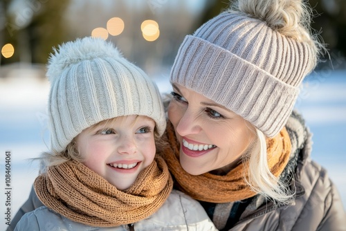 A woman and a child are wearing hats and smiling