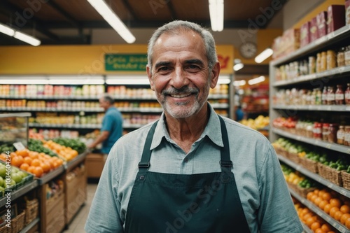 Wallpaper Mural Close portrait of a smiling senior Costa Rican male grocer standing and looking at the camera, Costa Rican grocery store blurred background Torontodigital.ca