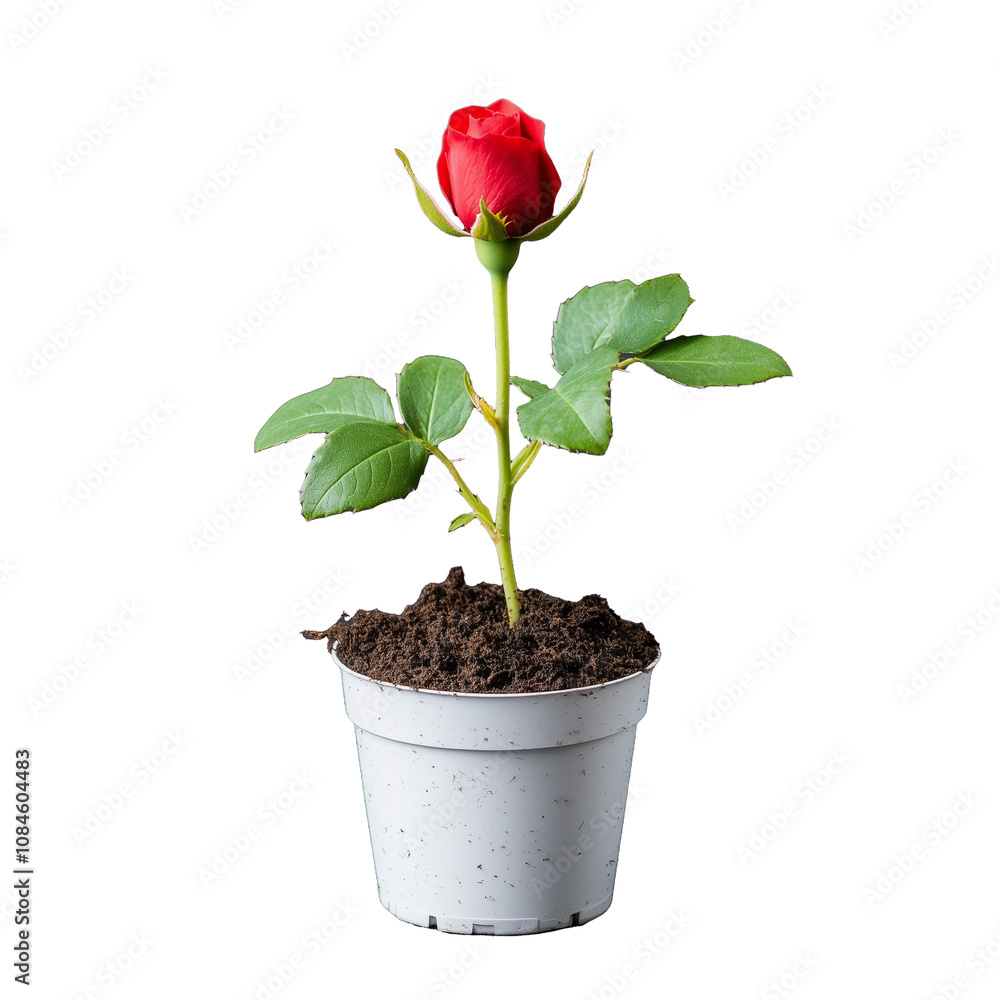 Vibrant red rose blooming in a simple white pot Vibrant red rose blooming in a simple white pot