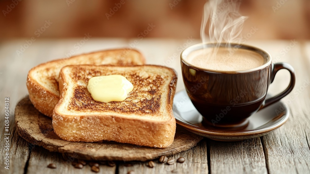 Delicious breakfast with golden toasted bread and steaming cup of coffee served on rustic wooden table Delicious breakfast with golden toasted bread and steaming cup of coffee served on rustic wooden table