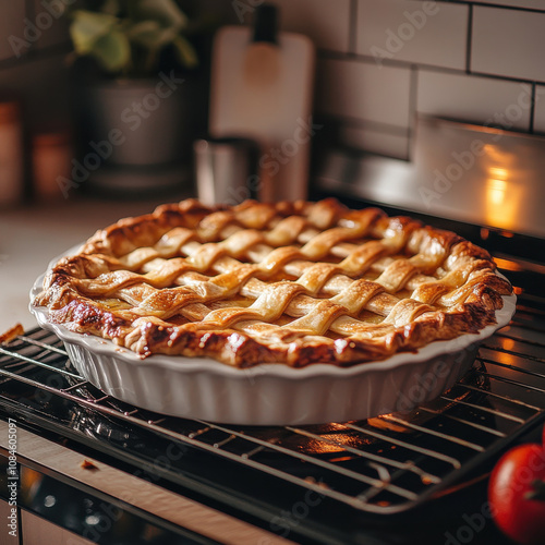 Homemade lattice apple pie baking under a warm oven light in a cozy kitchen environment