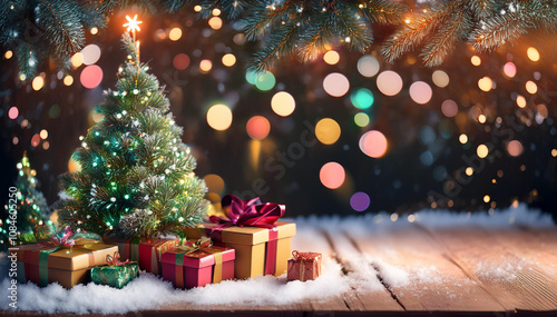 Piękna choinka z prezentami na kolorowym tle bokeh z drewnianą podłogą