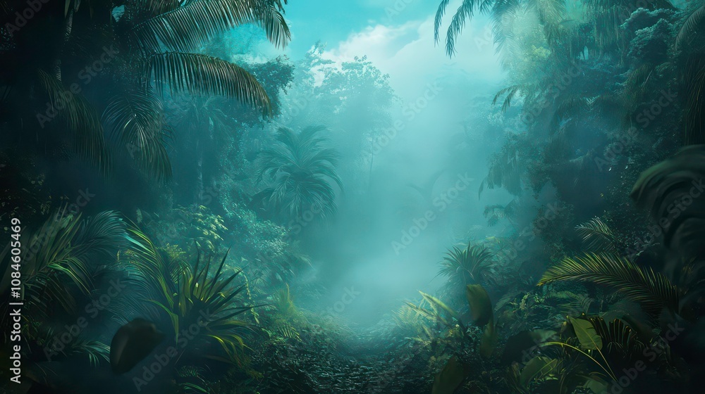 Obraz premium A mysterious path through a dense tropical jungle, with mist obscuring the way ahead. The lush green foliage creates a sense of adventure and wonder.