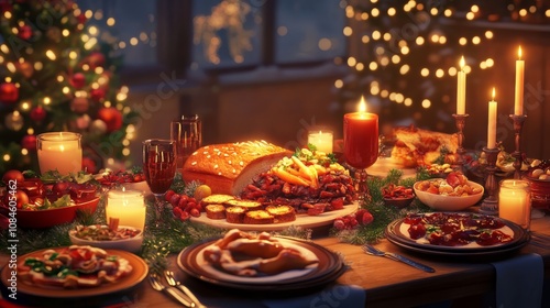 Christmas dinner table with festive food, and beautiful candle lights, photorealistic style.