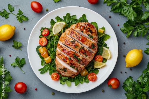 A plate of chicken with a side of vegetables and lemon slices