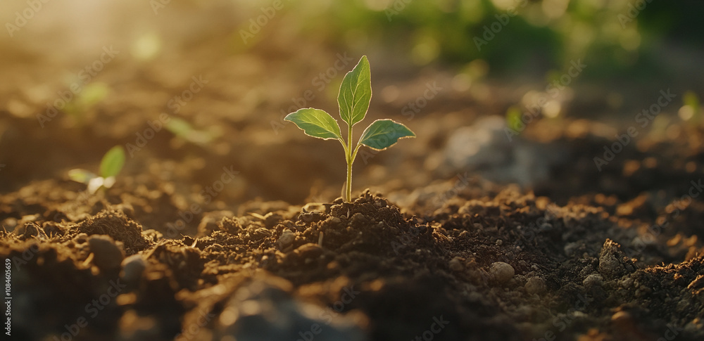 A single, delicate seedling pushes through rich earth A single, delicate seedling pushes through rich earth