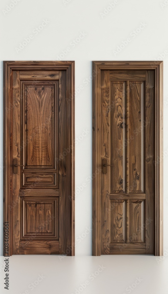 of two brown wooden doors in different designs, one with solid panels and the other with glass of two brown wooden doors in different designs, one with solid panels and the other with glass