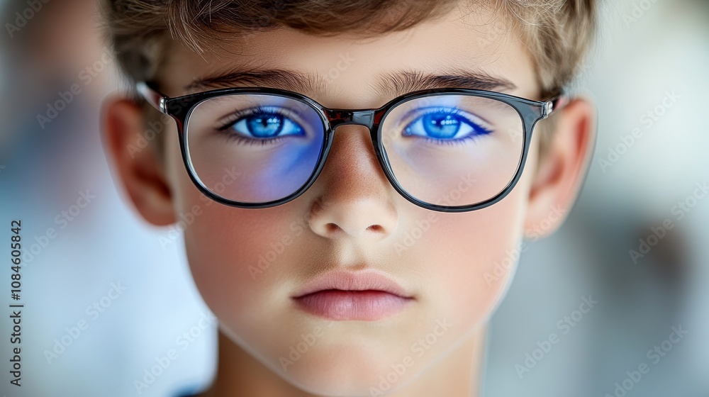 Young boy with striking blue eyes and glasses gazes intently as sunlight streams through the window in a soft, calm setting Young boy with striking blue eyes and glasses gazes intently as sunlight streams through the window in a soft, calm setting